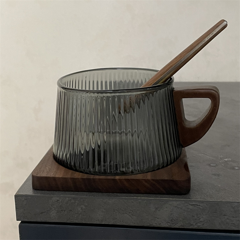 Espresso Cup Saucer - 200ml Çizgili Cam Kahve Fincanı ve